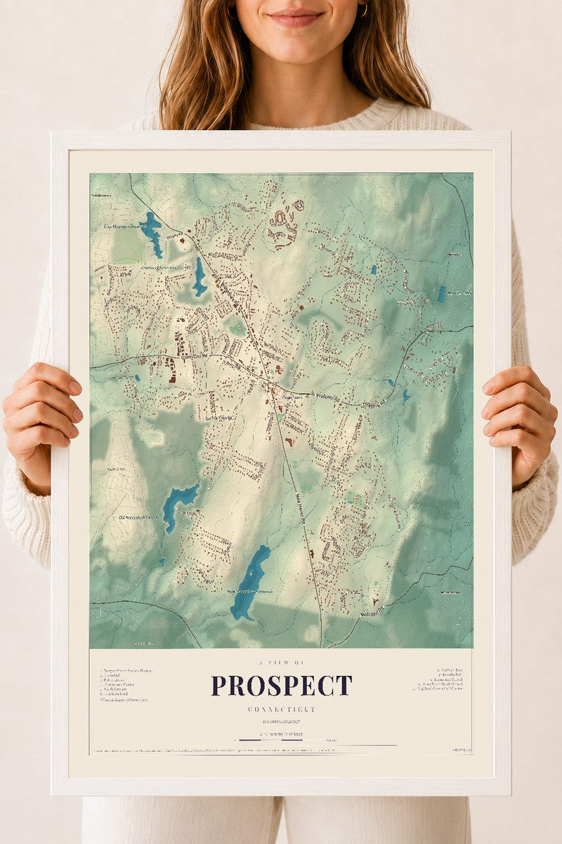 Prospect, Connecticut map print, 18" x 24", W/ White Ayous Wood Frame