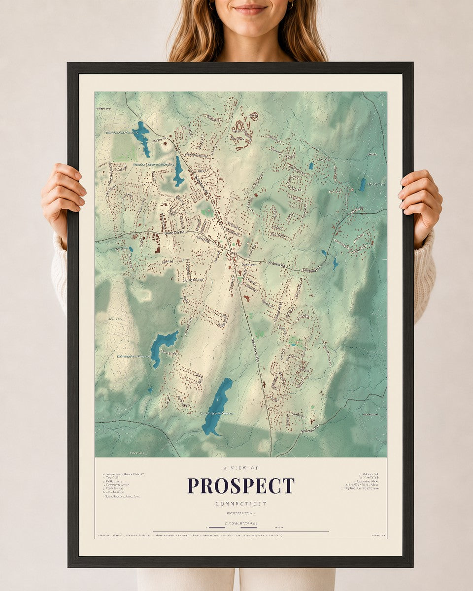 Prospect, Connecticut map print, 24" x 36", W/ Black Ayous Wood Frame
