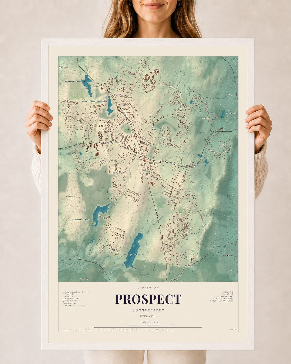 Prospect, Connecticut map print, 24" x 36", W/ White Ayous Wood Frame
