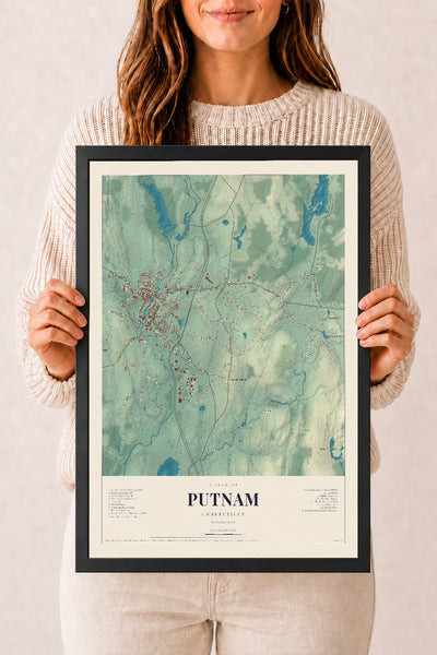 Putnam, Connecticut map print, 12" x 18", W/ Black Ayous Wood Frame