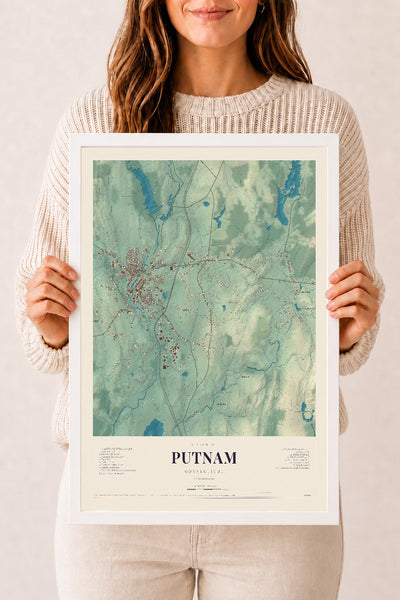 Putnam, Connecticut map print, 12" x 18", W/ White Ayous Wood Frame