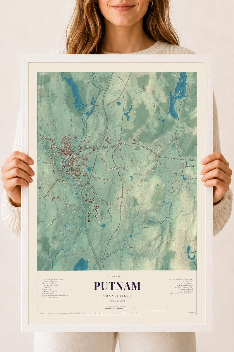 Putnam, Connecticut map print, 18" x 24", W/ White Ayous Wood Frame