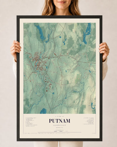 Putnam, Connecticut map print, 24" x 36", W/ Black Ayous Wood Frame