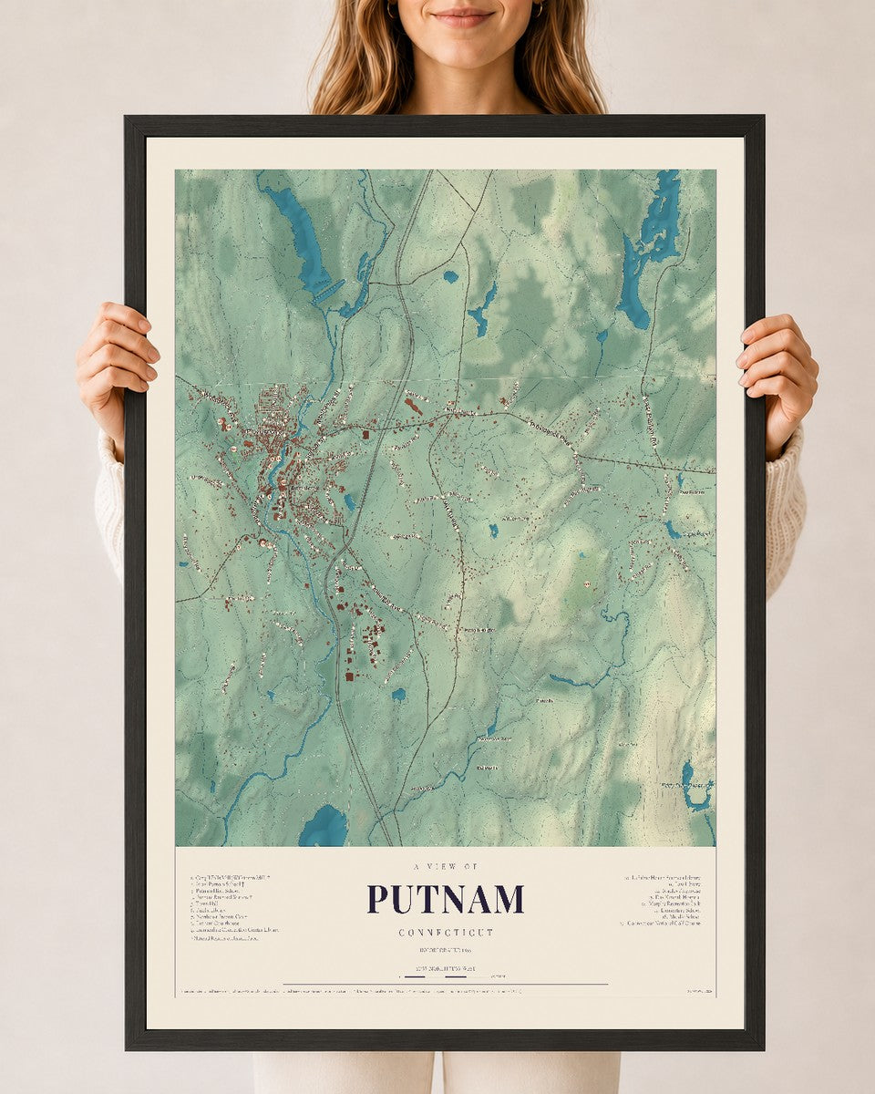 Putnam, Connecticut map print, 24" x 36", W/ Black Ayous Wood Frame