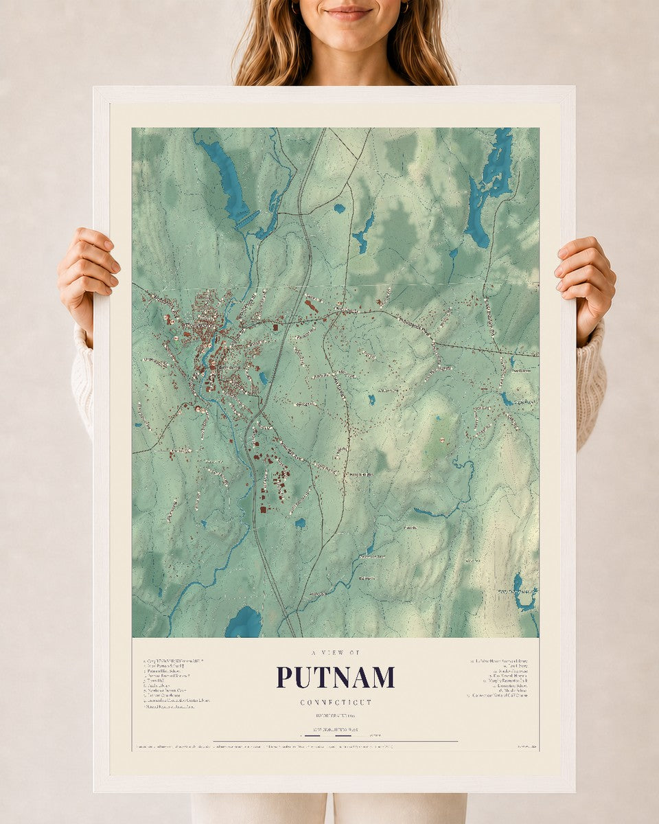 Putnam, Connecticut map print, 24" x 36", W/ White Ayous Wood Frame