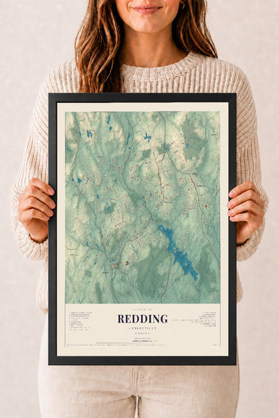 Redding, Connecticut map print, 12" x 18", W/ Black Ayous Wood Frame