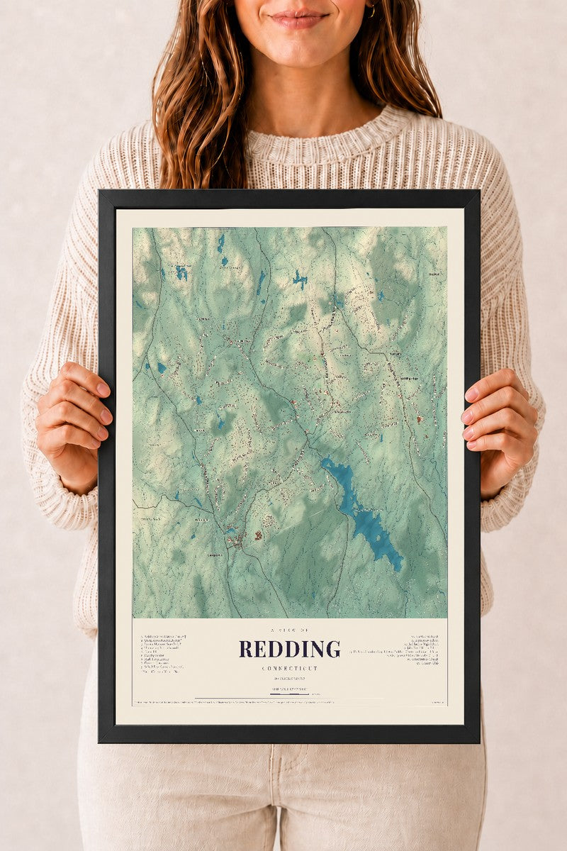 Redding, Connecticut map print, 12" x 18", W/ Black Ayous Wood Frame