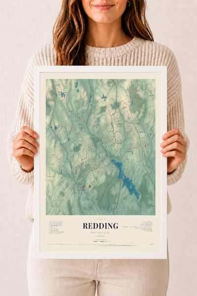Redding, Connecticut map print, 12" x 18", W/ White Ayous Wood Frame