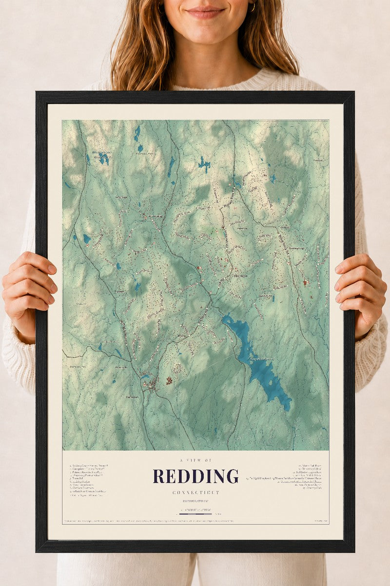 Redding, Connecticut map print, 18" x 24", W/ Black Ayous Wood Frame