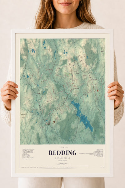 Redding, Connecticut map print, 18" x 24", W/ White Ayous Wood Frame