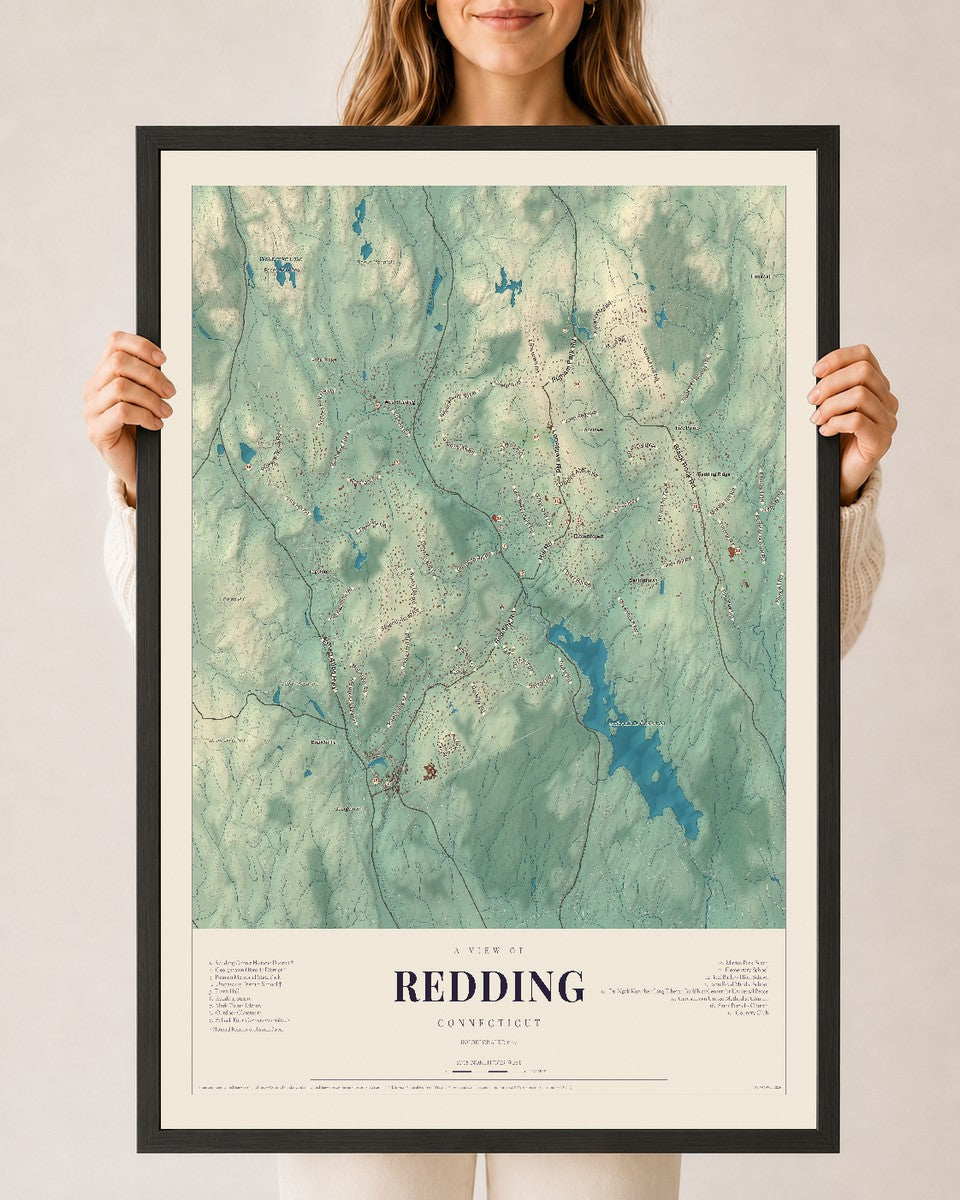 Redding, Connecticut map print, 24" x 36", W/ Black Ayous Wood Frame