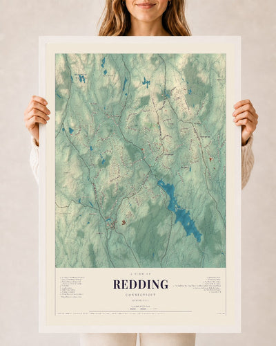 Redding, Connecticut map print, 24" x 36", W/ White Ayous Wood Frame