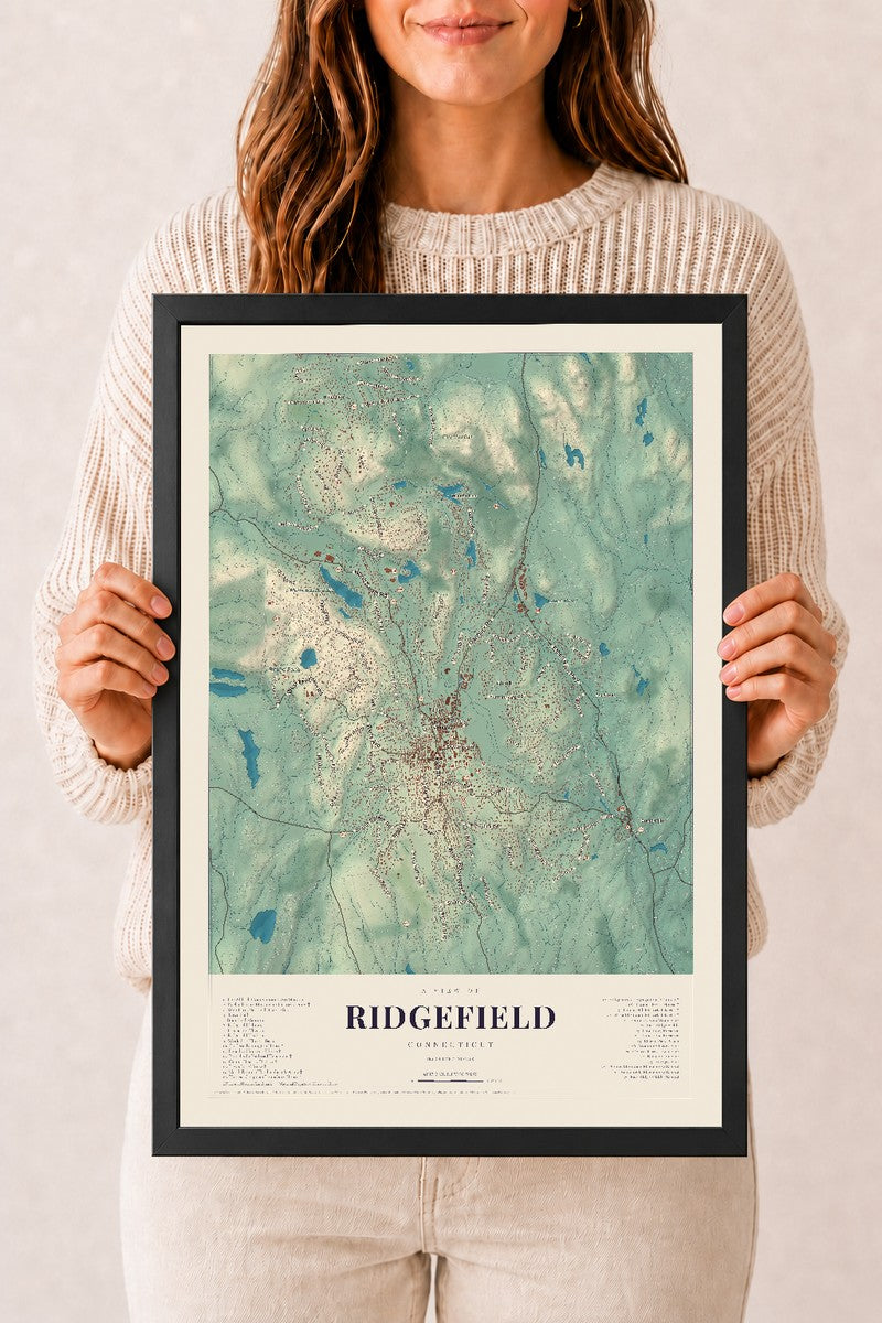 Ridgefield, Connecticut map print, 12" x 18", W/ Black Ayous Wood Frame