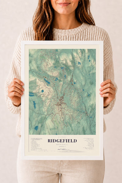 Ridgefield, Connecticut map print, 12" x 18", W/ White Ayous Wood Frame