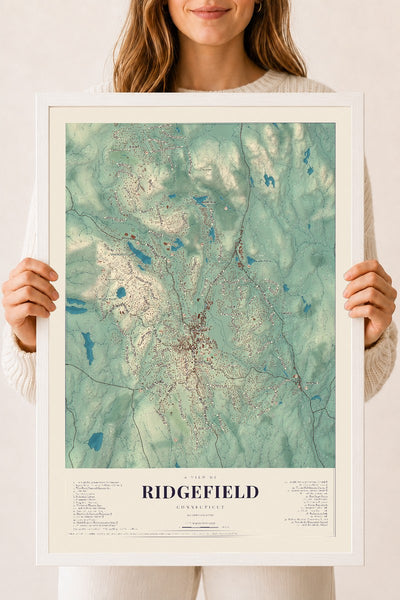 Ridgefield, Connecticut map print, 18" x 24", W/ White Ayous Wood Frame