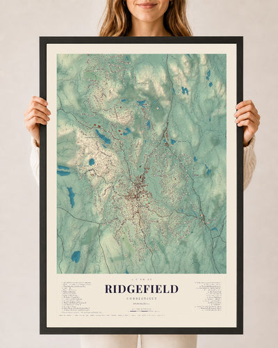Ridgefield, Connecticut map print, 24" x 36", W/ Black Ayous Wood Frame