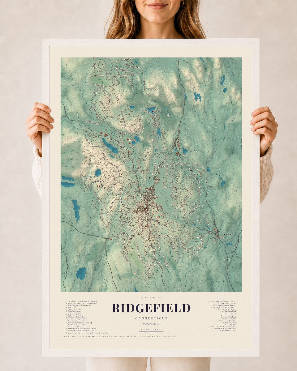 Ridgefield, Connecticut map print, 24" x 36", W/ White Ayous Wood Frame