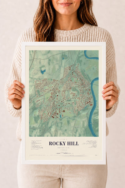 Rocky Hill, Connecticut map print, 12" x 18", W/ White Ayous Wood Frame