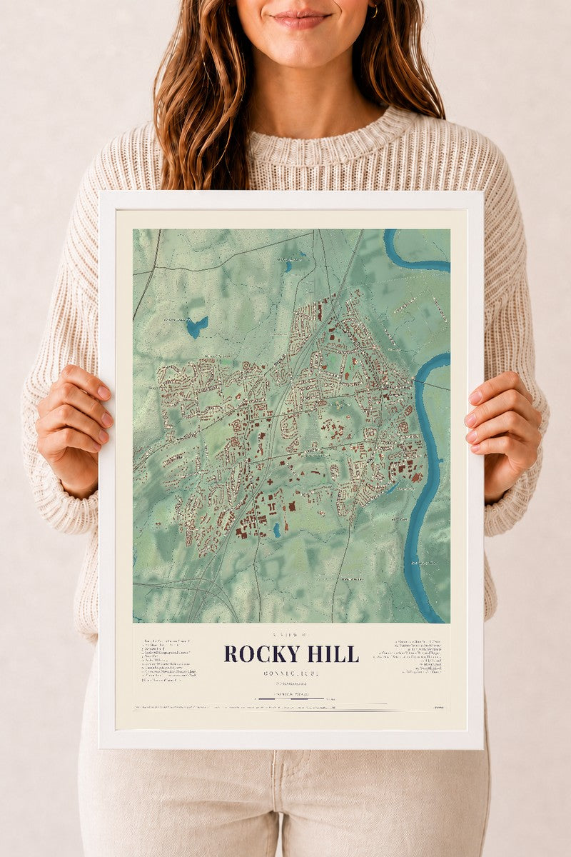 Rocky Hill, Connecticut map print, 12" x 18", W/ White Ayous Wood Frame