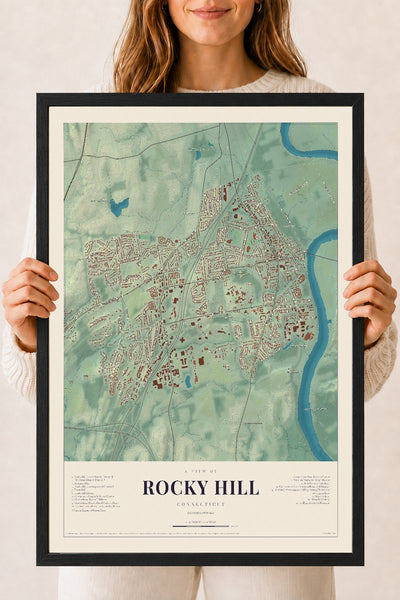 Rocky Hill, Connecticut map print, 18" x 24", W/ Black Ayous Wood Frame