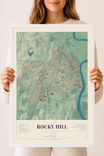 Rocky Hill, Connecticut map print, 18" x 24", W/ White Ayous Wood Frame