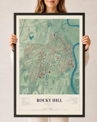 Rocky Hill, Connecticut map print, 24" x 36", W/ Black Ayous Wood Frame