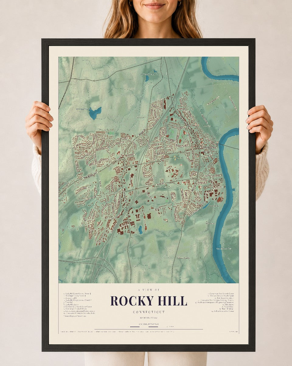 Rocky Hill, Connecticut map print, 24" x 36", W/ Black Ayous Wood Frame