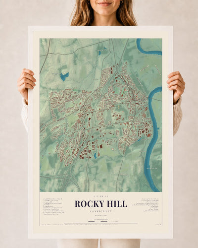 Rocky Hill, Connecticut map print, 24" x 36", W/ White Ayous Wood Frame