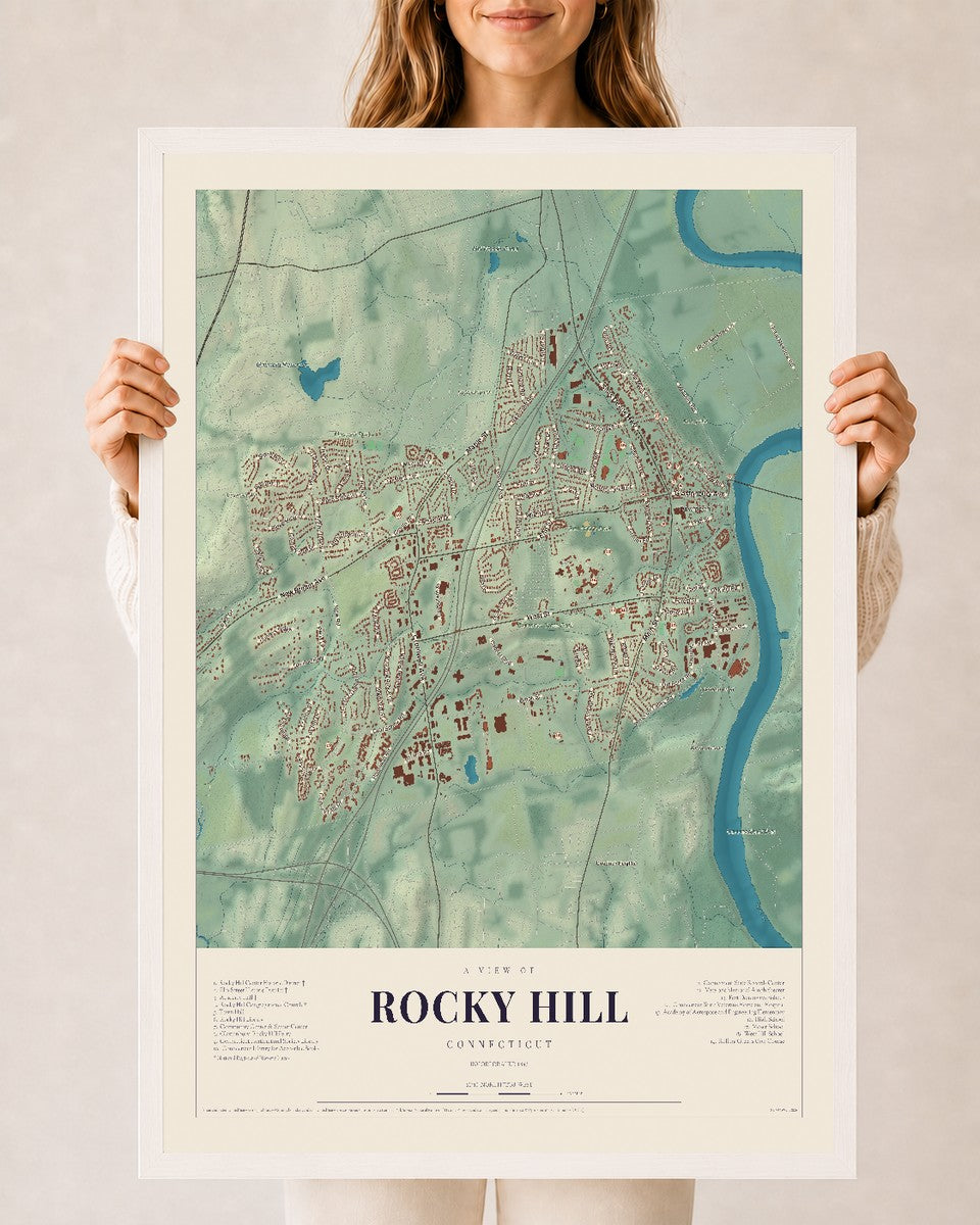 Rocky Hill, Connecticut map print, 24" x 36", W/ White Ayous Wood Frame