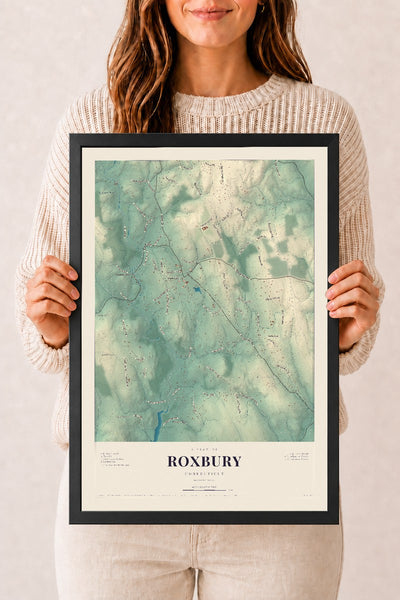 Roxbury, Connecticut map print, 12" x 18", W/ Black Ayous Wood Frame