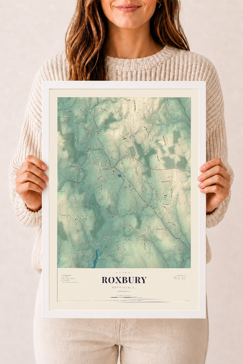 Roxbury, Connecticut map print, 12" x 18", W/ White Ayous Wood Frame