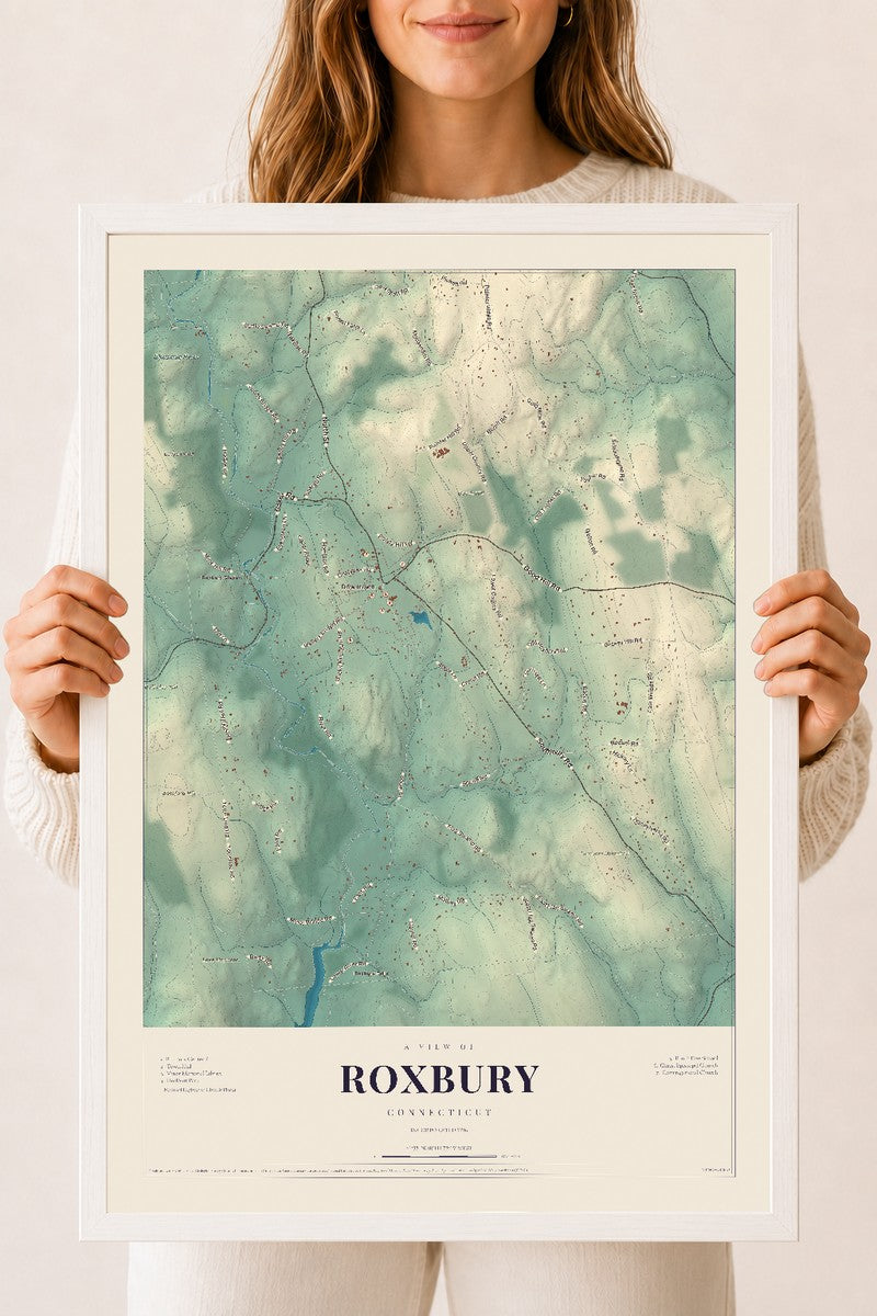 Roxbury, Connecticut map print, 18" x 24", W/ White Ayous Wood Frame