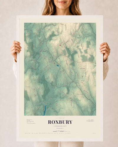 Roxbury, Connecticut map print, 24" x 36", W/ White Ayous Wood Frame