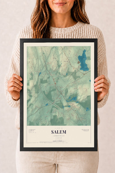 Salem, Connecticut map print, 12" x 18", W/ Black Ayous Wood Frame
