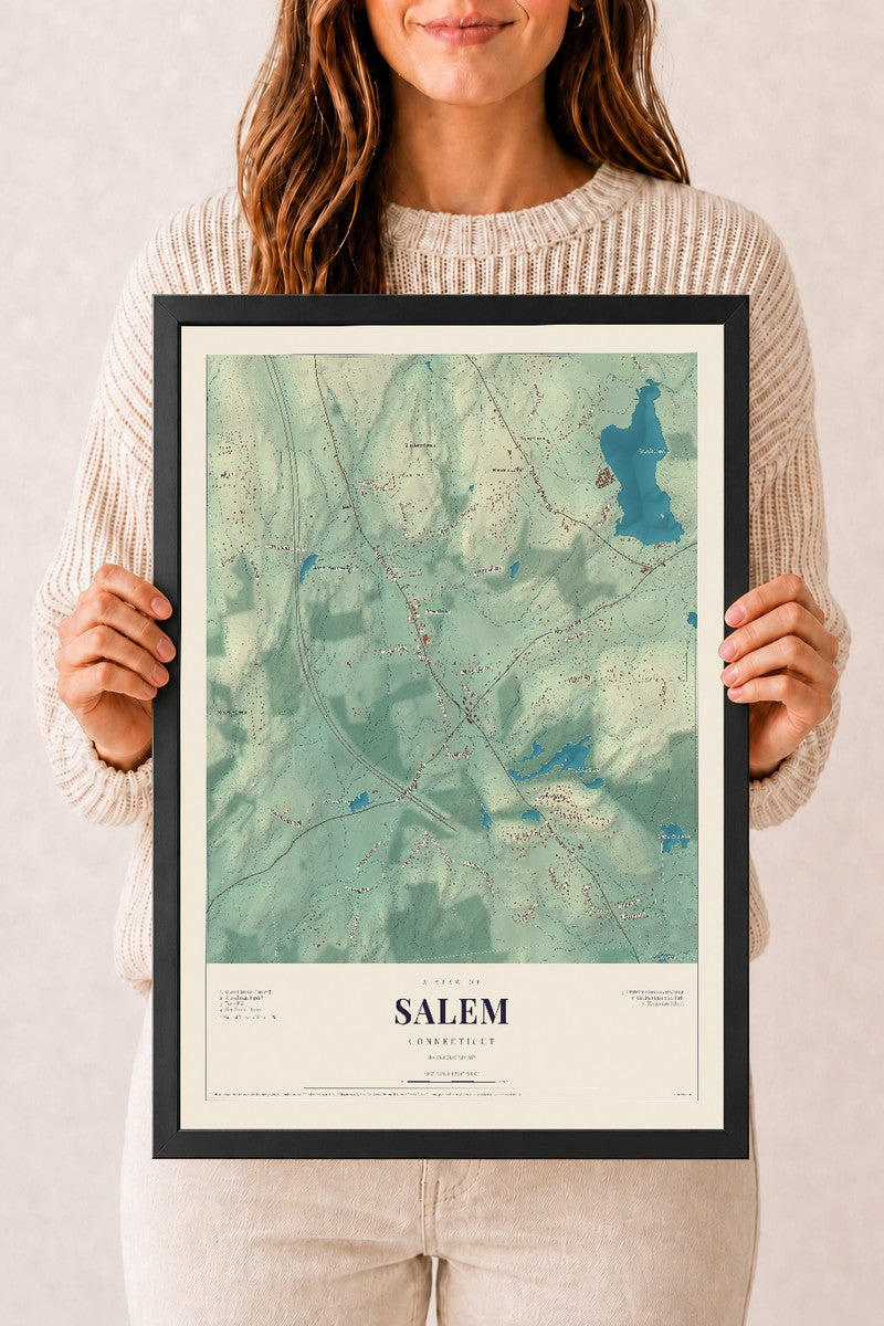 Salem, Connecticut map print, 12" x 18", W/ Black Ayous Wood Frame