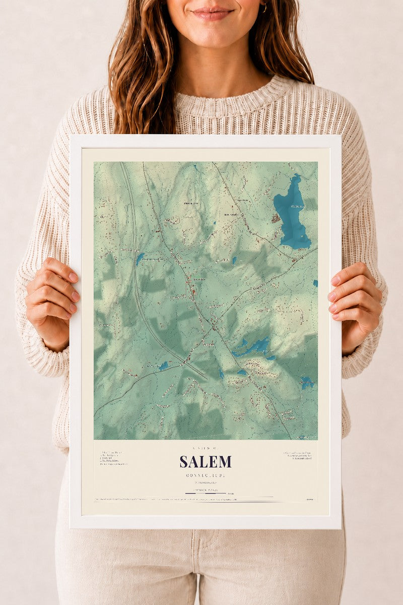 Salem, Connecticut map print, 12" x 18", W/ White Ayous Wood Frame