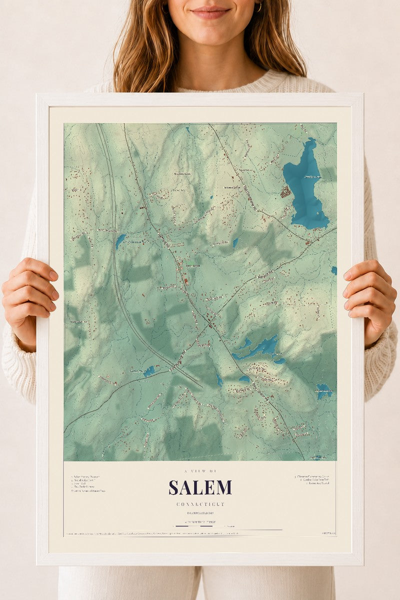 Salem, Connecticut map print, 18" x 24", W/ White Ayous Wood Frame