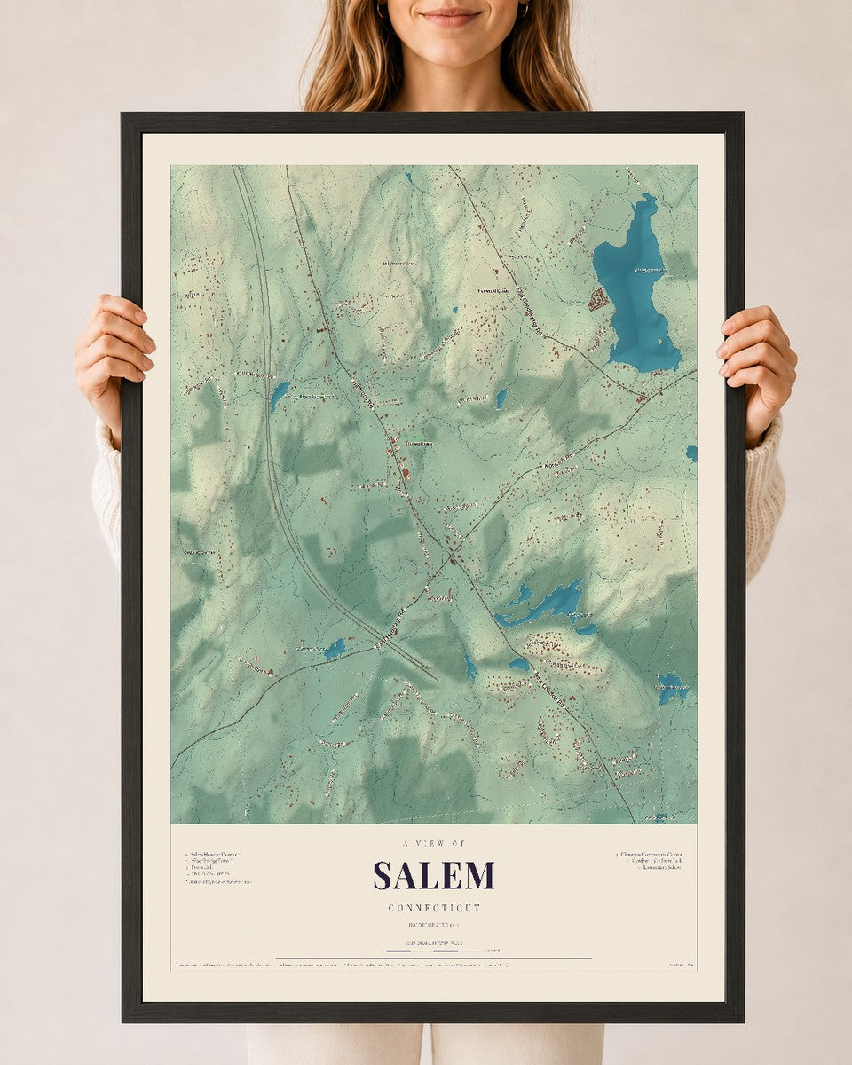 Salem, Connecticut map print, 24" x 36", W/ Black Ayous Wood Frame