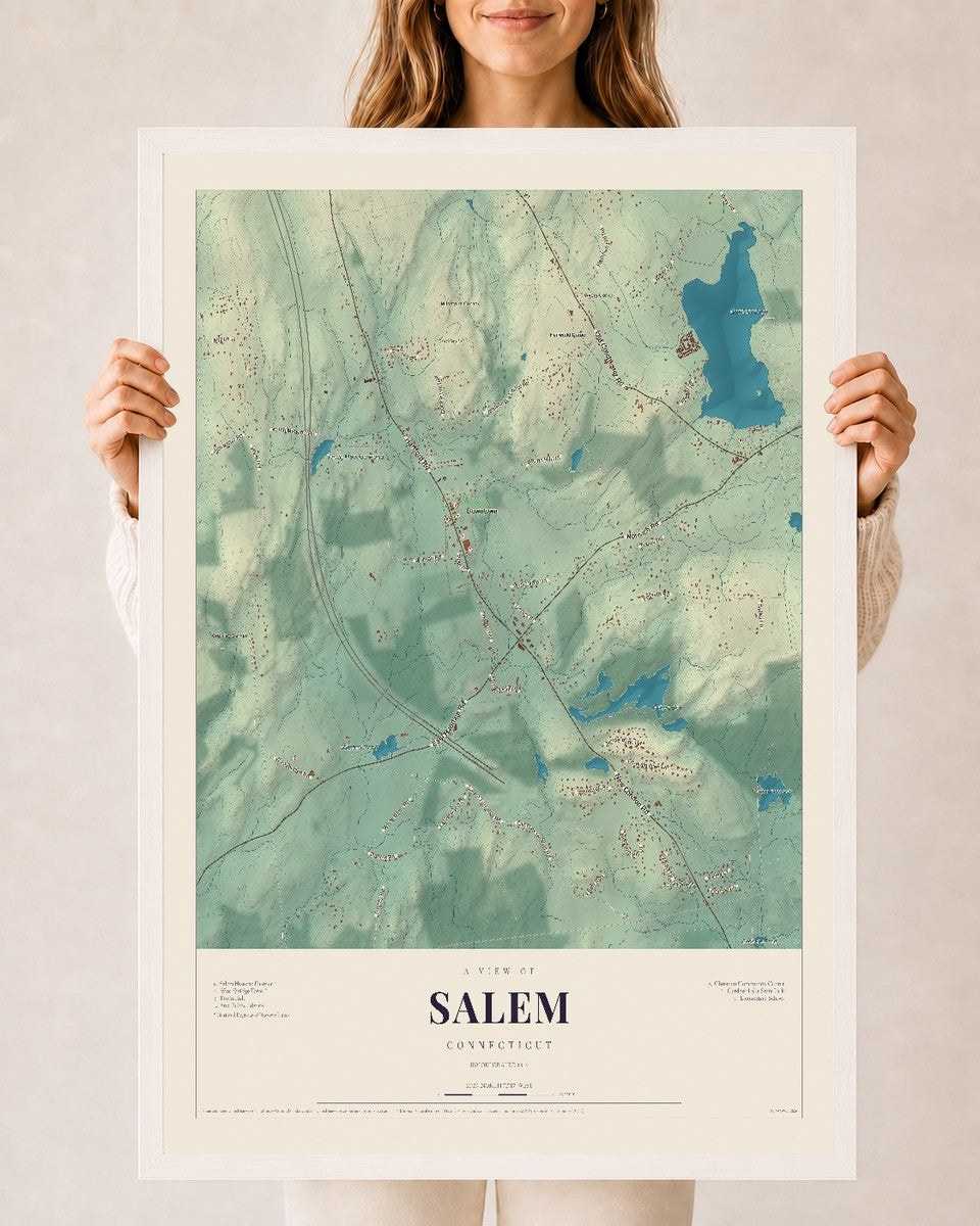 Salem, Connecticut map print, 24" x 36", W/ White Ayous Wood Frame