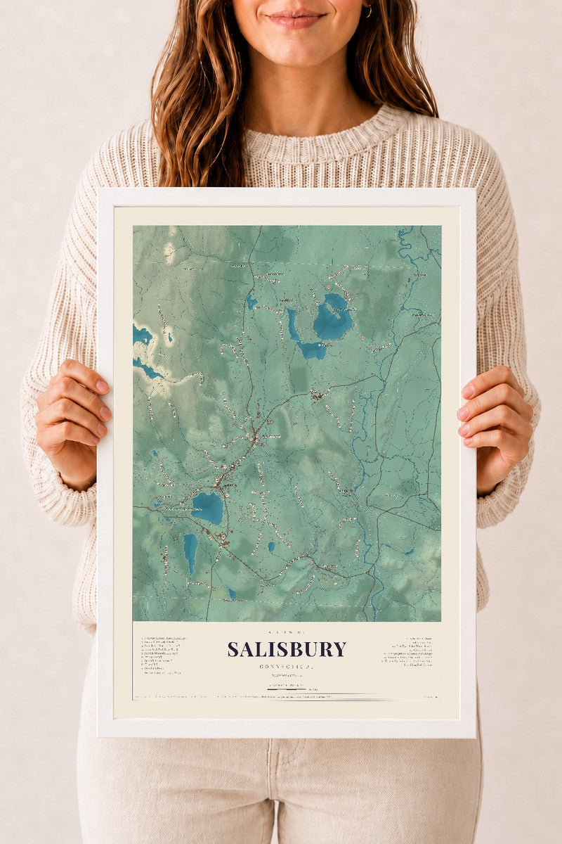 Salisbury, Connecticut map print, 12" x 18", W/ White Ayous Wood Frame