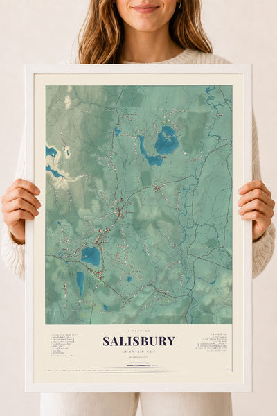 Salisbury, Connecticut map print, 18" x 24", W/ White Ayous Wood Frame