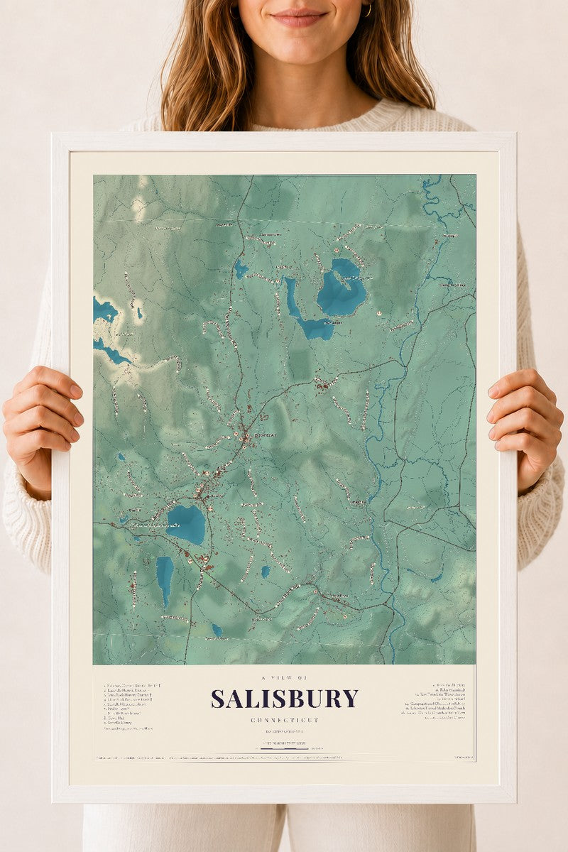 Salisbury, Connecticut map print, 18" x 24", W/ White Ayous Wood Frame