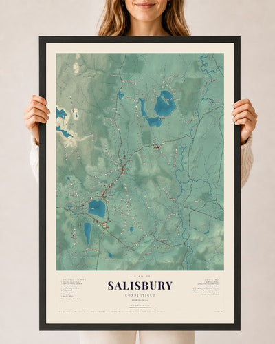 Salisbury, Connecticut map print, 24" x 36", W/ Black Ayous Wood Frame