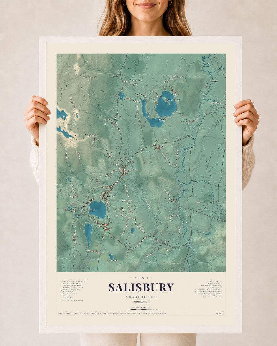 Salisbury, Connecticut map print, 24" x 36", W/ White Ayous Wood Frame