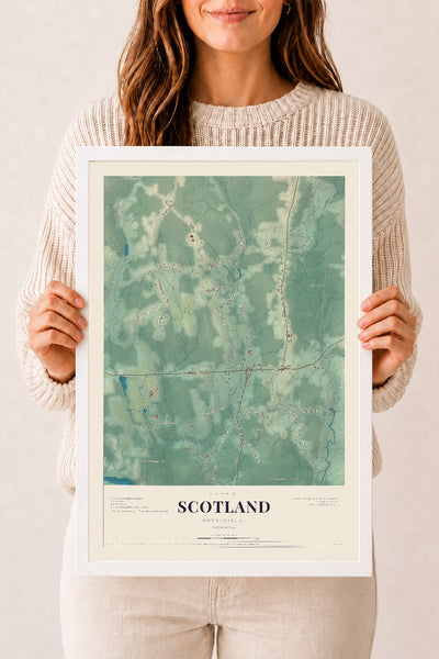 Scotland, Connecticut map print, 12" x 18", W/ White Ayous Wood Frame