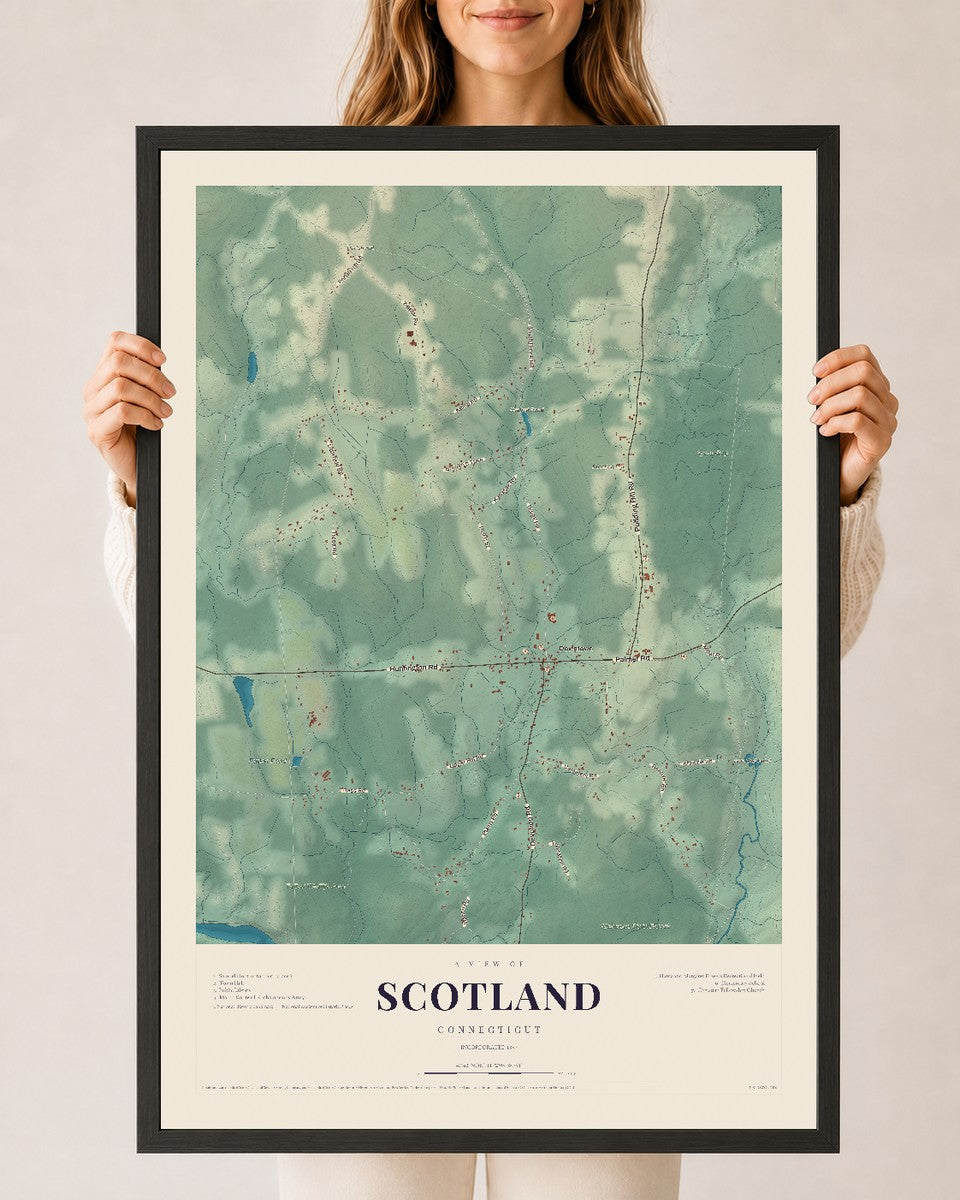 Scotland, Connecticut map print, 24" x 36", W/ Black Ayous Wood Frame