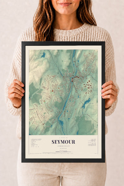 Seymour, Connecticut map print, 12" x 18", W/ Black Ayous Wood Frame