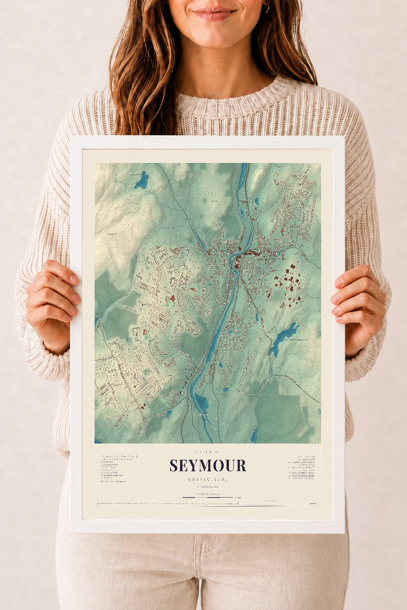Seymour, Connecticut map print, 12" x 18", W/ White Ayous Wood Frame