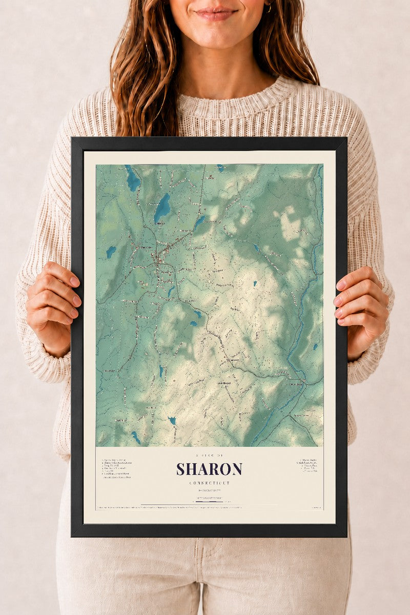 Sharon, Connecticut map print, 12" x 18", W/ Black Ayous Wood Frame