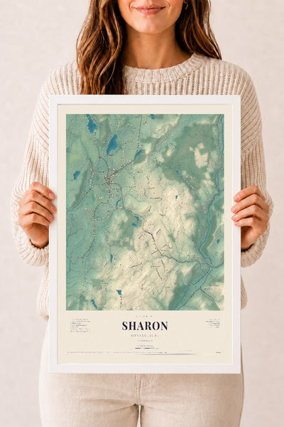Sharon, Connecticut map print, 12" x 18", W/ White Ayous Wood Frame